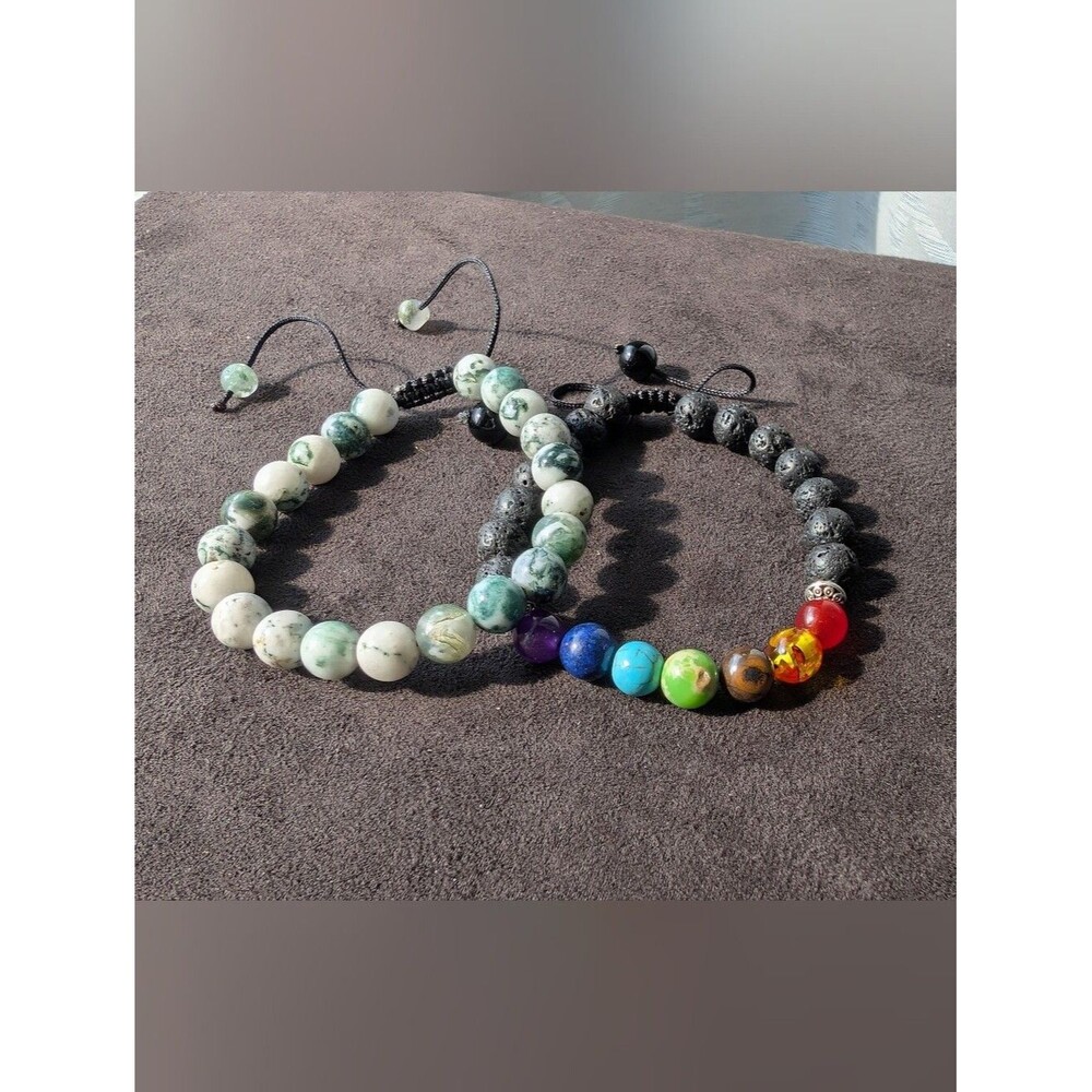 Bohemian Rainbow 7 Chakra Lava Bead & Moss Agate Bracelet Set